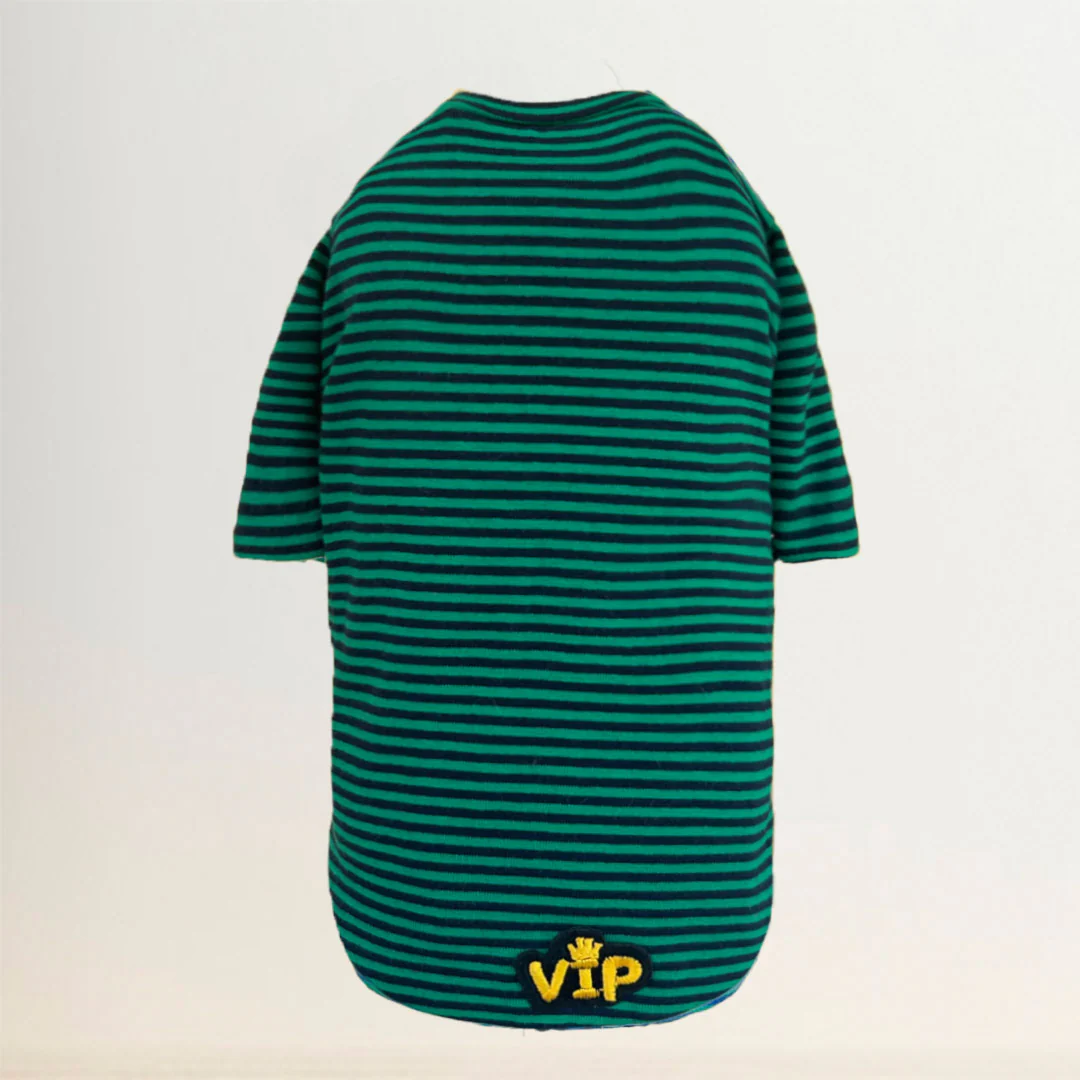 VIP Baby Dog Tee in Striped Green vip, vip baby dog tee, hello doggie vip, striped teal, pet shirt, victoria, victoria dog blouse, victoria pet shirt, wooflink victoria,dress,dog dress, wooflink, wooflink dress, new, sale, dog dress new, someone special dress, pet dress, pet clothes, dg clothes, small dog clothing, small dog dress, designer dog, designer dog dress, wooflink designer, holiday, holidays, dog holiday, dog clothing, dog valentines day, pet valentines day, valentines day