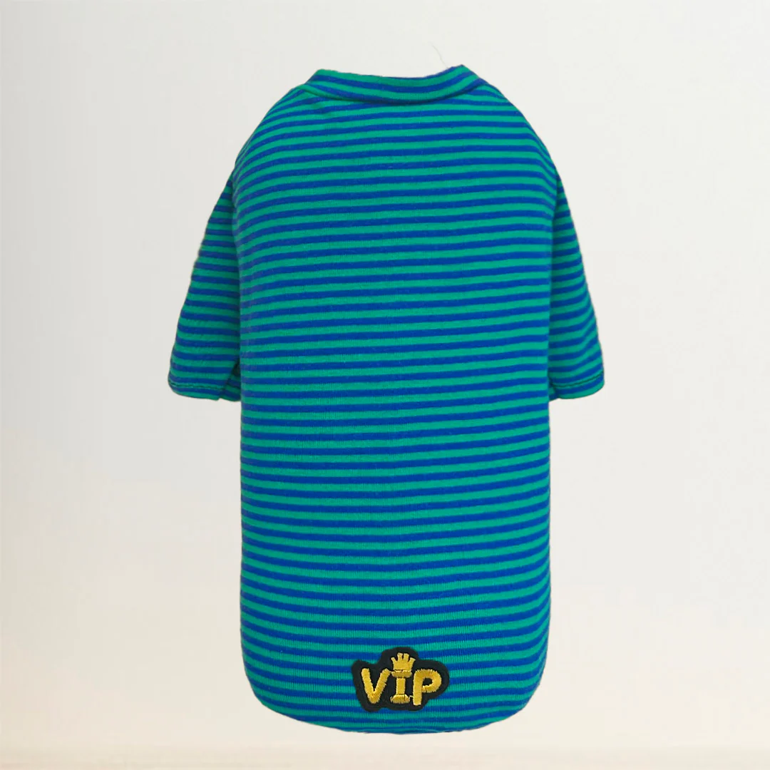 VIP Baby Dog Tee in Striped Teal vip, vip baby dog tee, hello doggie vip, striped teal, pet shirt, victoria, victoria dog blouse, victoria pet shirt, wooflink victoria,dress,dog dress, wooflink, wooflink dress, new, sale, dog dress new, someone special dress, pet dress, pet clothes, dg clothes, small dog clothing, small dog dress, designer dog, designer dog dress, wooflink designer, holiday, holidays, dog holiday, dog clothing, dog valentines day, pet valentines day, valentines day